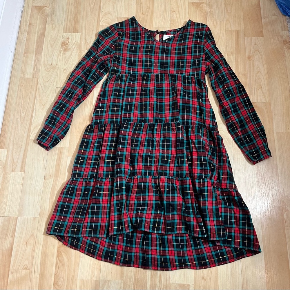 Old Navy girls' plaid tiered Lobg Sleeve babydoll dress Size 10-12